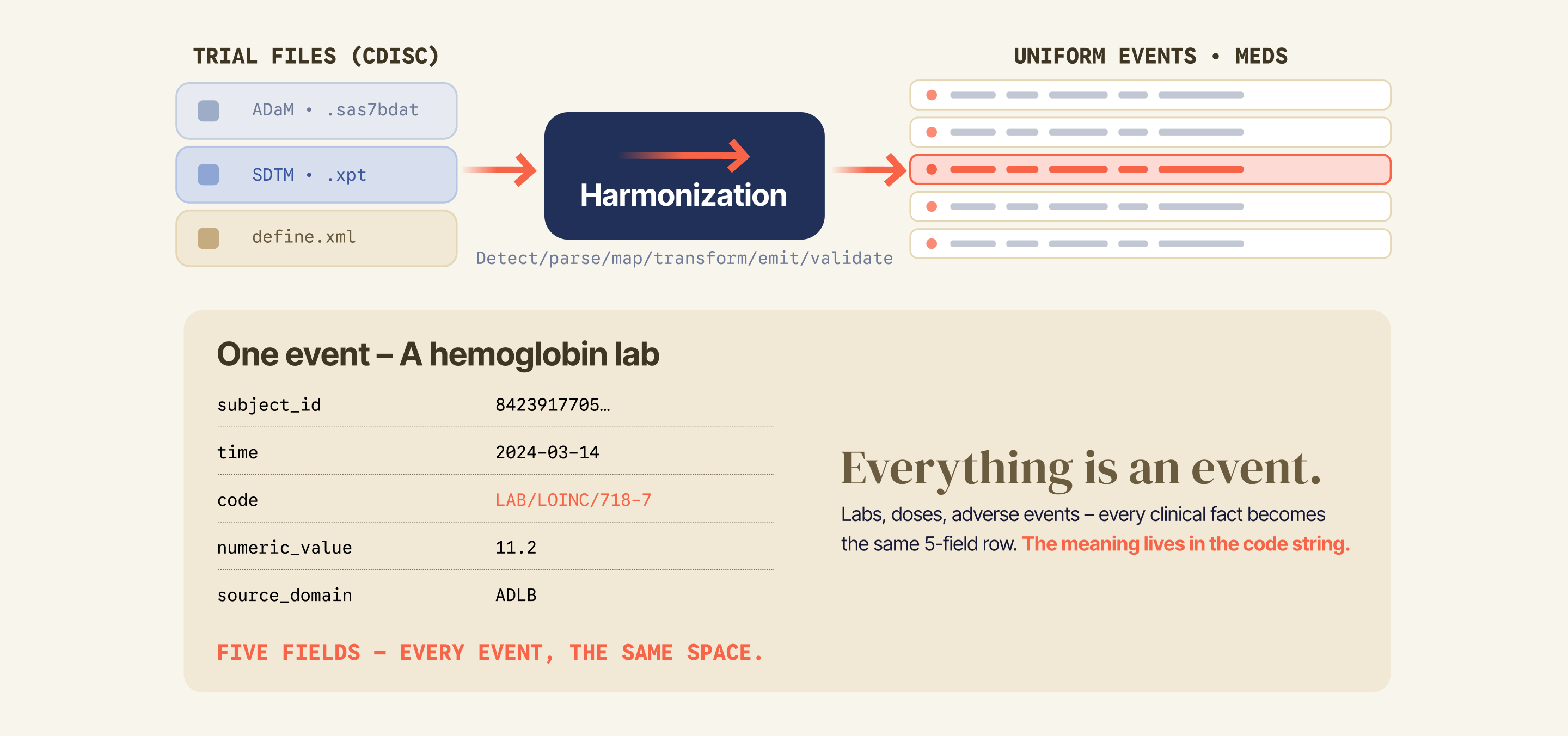 CDISC trial files (ADaM, SDTM, define.xml) harmonized into uniform MEDS events